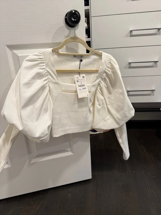 Zara White Puff-Sleeve Square-Neck Crop Top