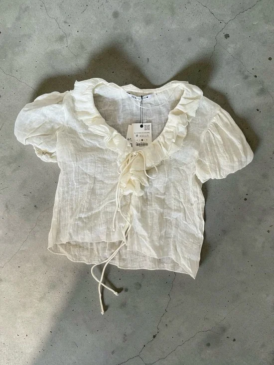 Zara Cream Ruffle Tie-Front Blouse