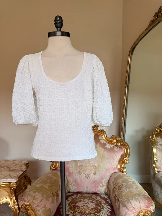 Anthropologie White Textured Scoop-Neck Puff Sleeve Top