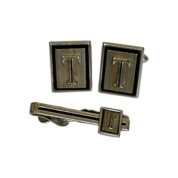 Vintage Swank Initial T Men's Cufflinks Tie Clip Set Silver Tone Black Enamel