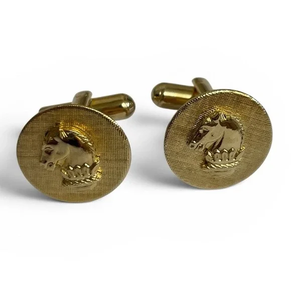 Cufflinks Vintage Gold Tone Heraldic Chess Knight Horse Crown Crest