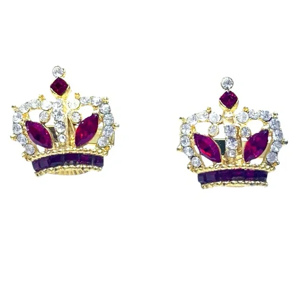 ROYAL CROWN RED AND CLEAR CRYSTAL GOLD TONE CUFFLINKS