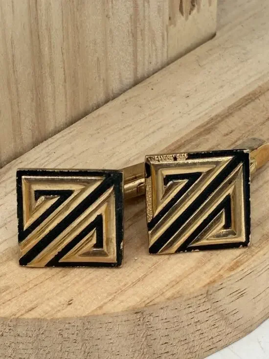 Vintage Swank Cufflinks Black Gold Geometric Art Deco Square Mid Century