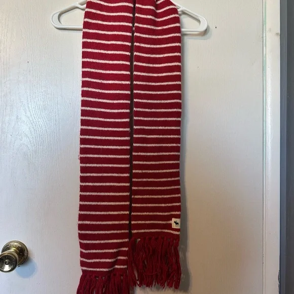 Abercrombie & Fitch Red and White Striped Scarf with Fringe
