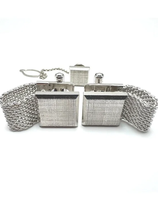 Vintage Silver Tone Cufflinks Tie Tack Set Mesh Wraparound Square Business Groom