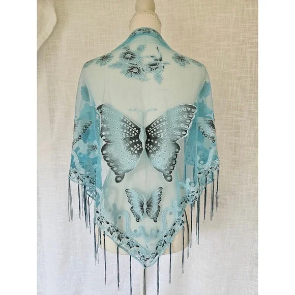 Butterfly Mesh Shawl Womens Scarf Blue Teal Fringe Boho Festival Sheer Fairycore