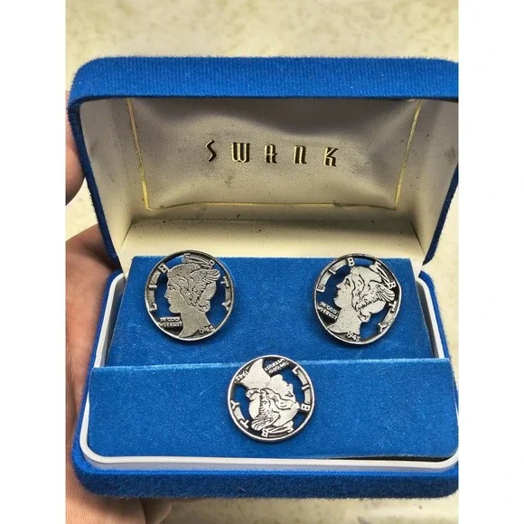 Vintage Swank Cufflinks & Tie‎ Tack Set w/ Mercury Dime Design 1945 w/ Box