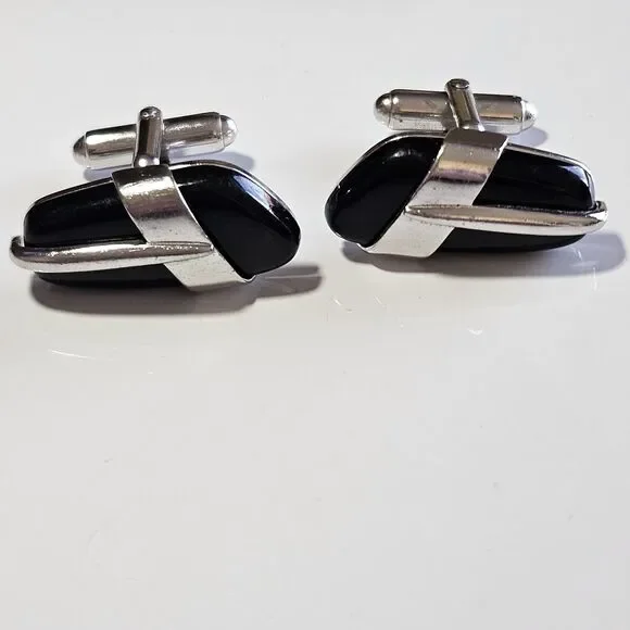 Vintage Anson Silver Tone Black Stone Cufflinks IOB