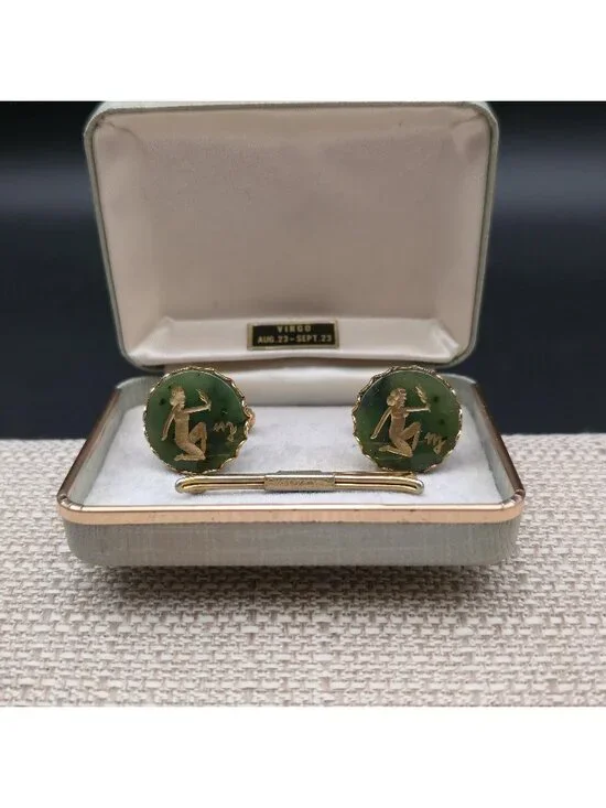 Vintage Swank Virgo Jade Stone Cufflinks and Tie Clip Set B1352