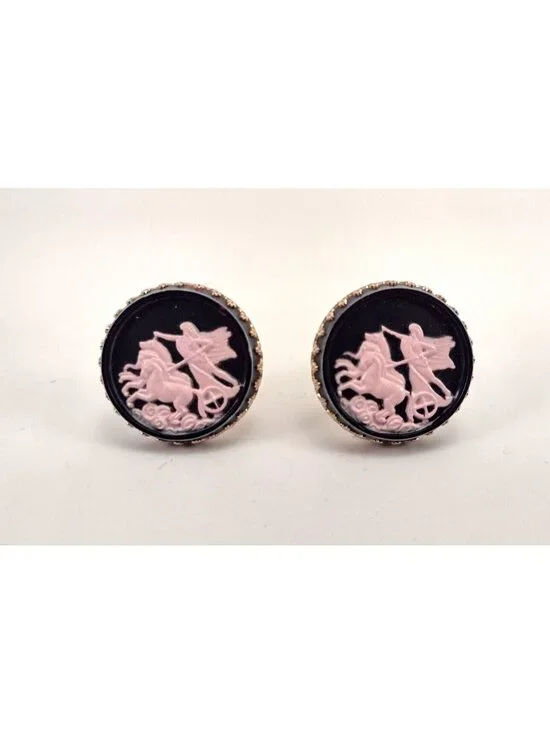 Vintage Chariot Cuff Links Black Winged Roman Mens Cufflinks Mid Century Plastic