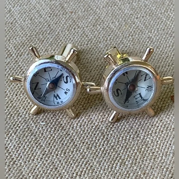 Compass Cufflinks Vintage Steampunk Ships Captains Sailors Gold Nautical Swank