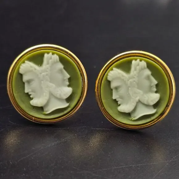 Green Janus Cameo Cufflinks Greek Roman Gold Gold Tone Vintage NOS