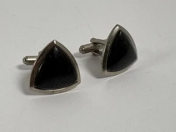 Vintage Black Onyx Style Triangle Cufflinks Silver Tone Men’s Formal Wear