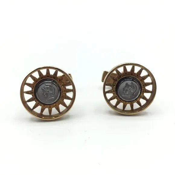 Vtg Gray Roman Soldier Cameo Profile Gold Tone Cufflinks Round Sun Burst 3/4
