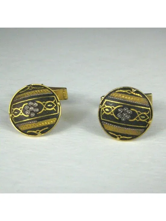 Cufflinks Mens Damascence Goldtone Vintage Round Articulating Hammered Filigree