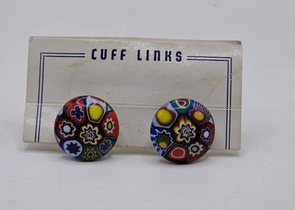 Vintage Murano Glass Color Splash Domed Millefiori Cufflinks New on Card