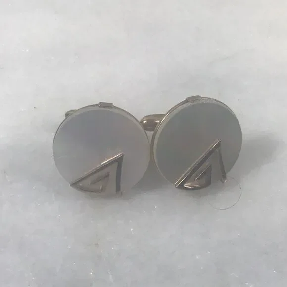 Vintage MCM All Silver Tone Cufflinks - Polished Round Band w/ Chevron Triangle