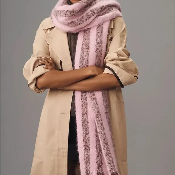 Anthropologie Pink and Brown Scarf NWT sophisticated pattern Brushed Woven fring