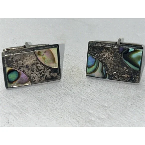 Vintage Sterling Silver .925 Cufflinks Abalone Rectangle Mexico