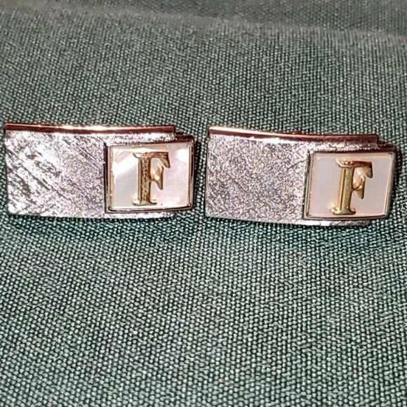 Vintage Silver & Gold Tone Swank Cufflinks Initial F On Mother of Pearl