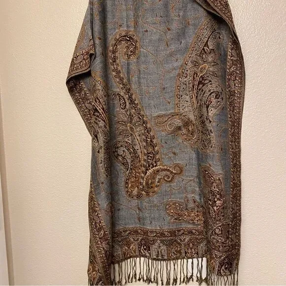 Light blue paisley embroidered scarf Cape wrap poncho shawl shrug fringe 74x28