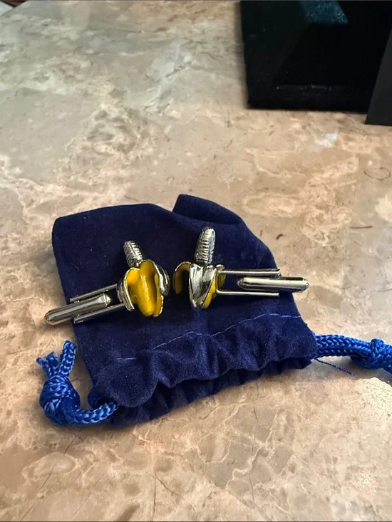 Unusual NWOT peeling banana, cufflinks silver tone with yellow enamel