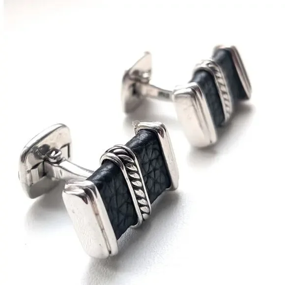 David Yurman Leather & Sterling Silver 925 Cufflinks