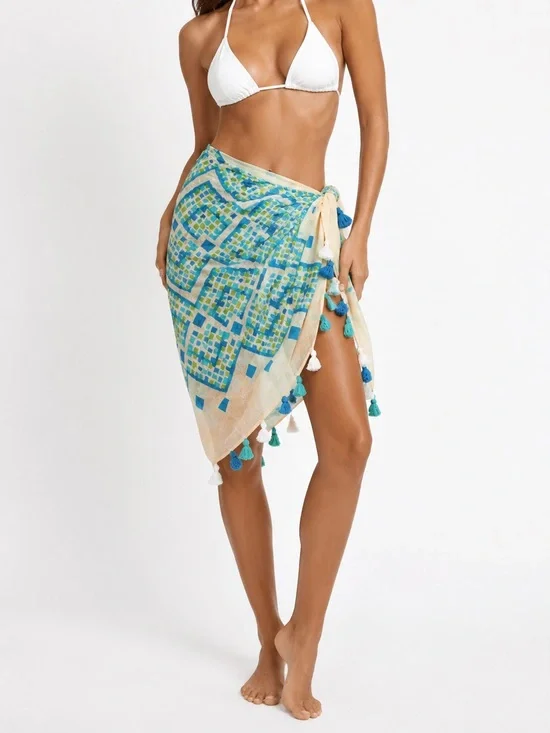 VERA BRADLEY 80” Cream Blue & Green Wrap Scarf w Tassels Swim Cover Sarong Skirt