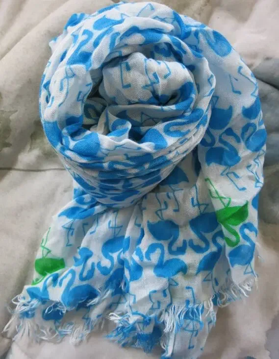 FLAMINGO Scarf Light Weight  White 20x71 Beach Summer Fringe Festival Colorful