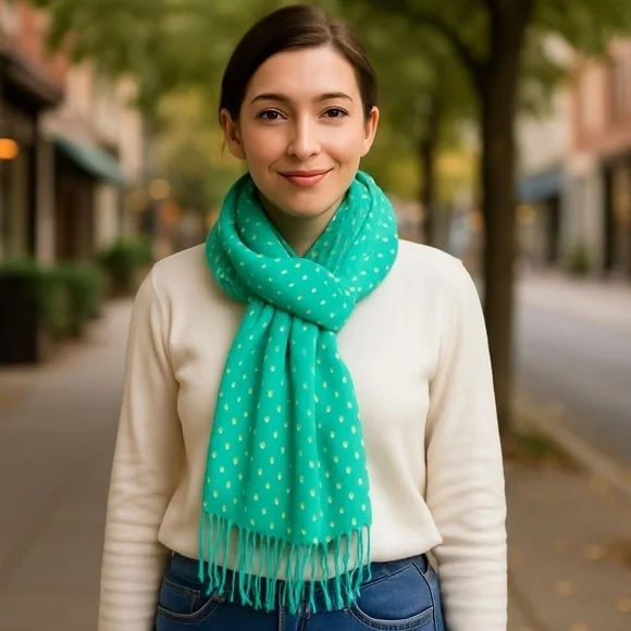 Spring Green/White Dot Fringe Scarf 28