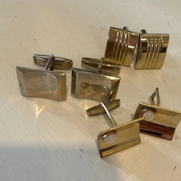 Vintage Gold Tone Cufflinks Set of 3 Pairs MCM Ribbed Pearl Geometric Designs
