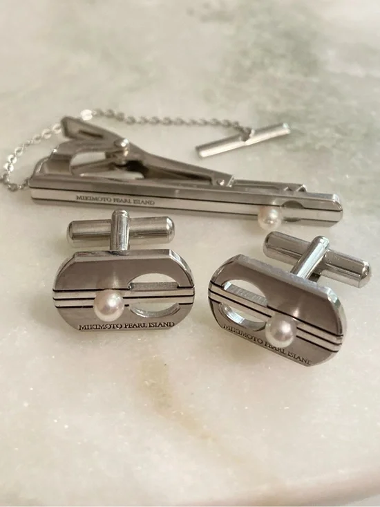Mikimoto Silver Pearl Cuff Links + Tie Clip Set