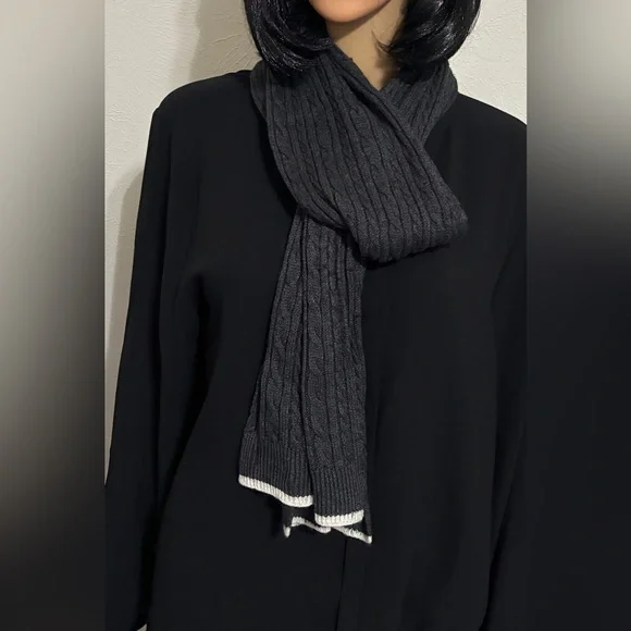 Lands End charcoal gray cable knit, scarf w/ivory trim approx 78” x 9” preppy
