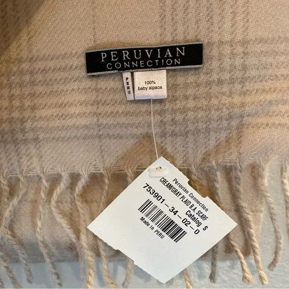 NWT Peruvian Connection Scarf Cream/Gray Plaid‎ 100 % Baby Alpaca 12x66”