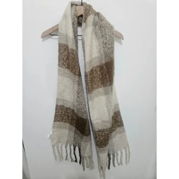 Neutral Plaid Oversized Blanket Scarf Brown Cream Tan Fringe‎ Knit Wrap OS