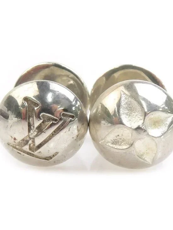 Auth LOUIS VUITTON Cufflinks Silver/Bordeaux Metal/Taiga Leather
