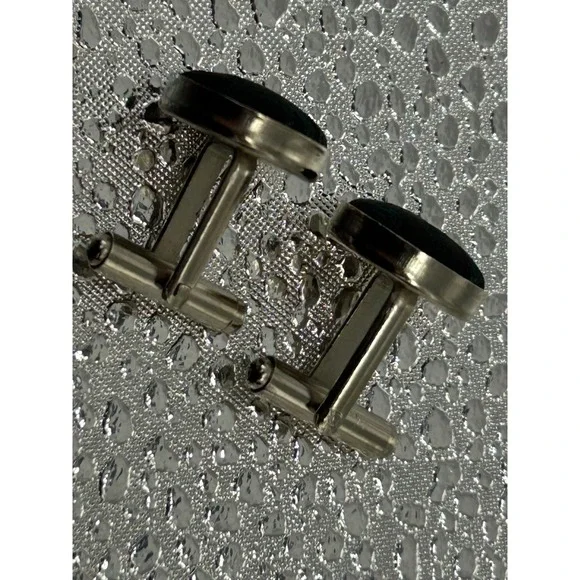 Mens Round Silver Tone Teal Black Paisley Fabric Inlay Bullet Back Cufflinks