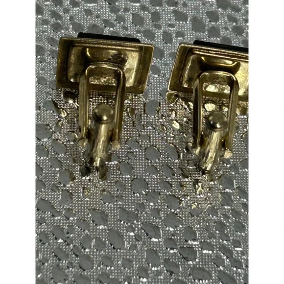 Vintage Gold Tone Square Cufflinks Black Rhinestone Mid Century Formal Mens