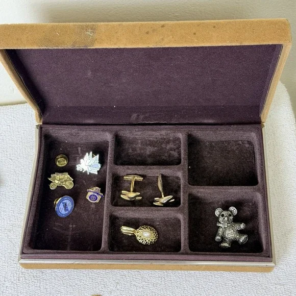 mens jewelry box with vintage cufflinks, Pins ,tie pins, box as is red valvet