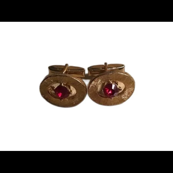 Vintage Mid Century Gold Tone Oval Cufflinks - Ruby Red Rhinestone Stone MCM