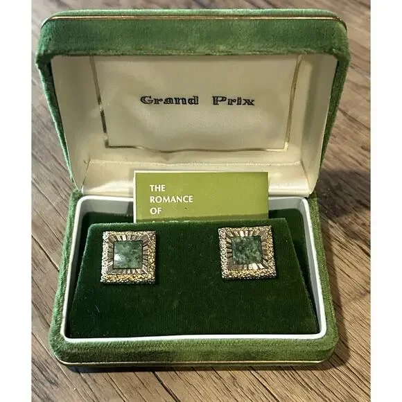 Vintage Grand Prix Swank Jade Cufflinks Gold Tone w Box & Romance of Jade