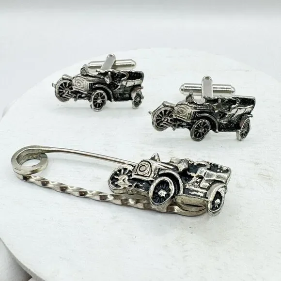 Vtg Ford Model T Antique Car Silver Tone Cufflinks And Tie Pin Bar Set  Fancy
