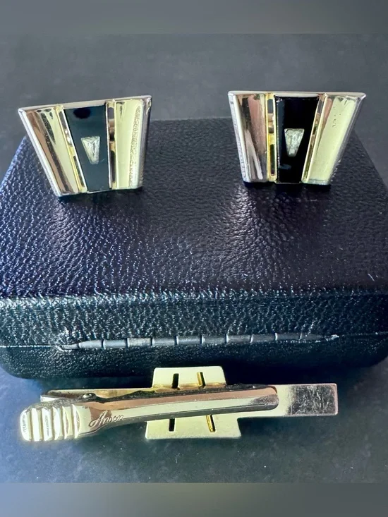 Vintage Anson Cufflinks Tie Clip Bar Set MCM Gold Tone Black Onyx Rhinestone USA