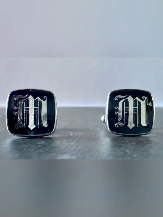 Vtg Monogram M Cufflinks & Tie Tack Set Black Enamel Silver Tone Gothic Inital