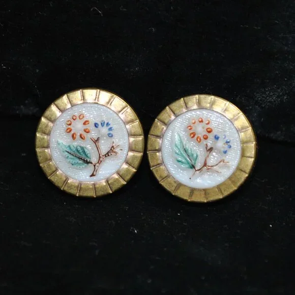 Antique Victorian Milk Glass Cufflinks with Painted Flowers