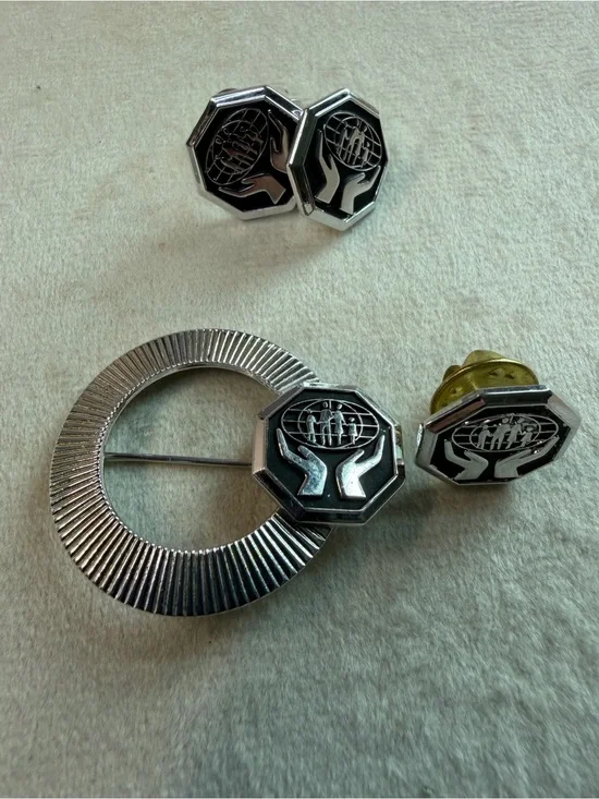 Silver and Black Octagonal Family Emblem Pin and earrings  Set