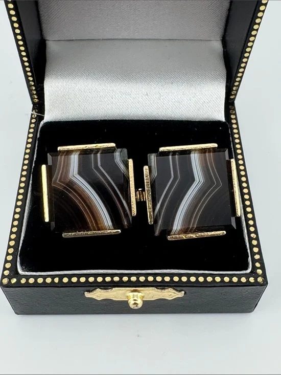 Vintage MCM Gold-Tone Brown and Black Striped Agate Cufflinks
