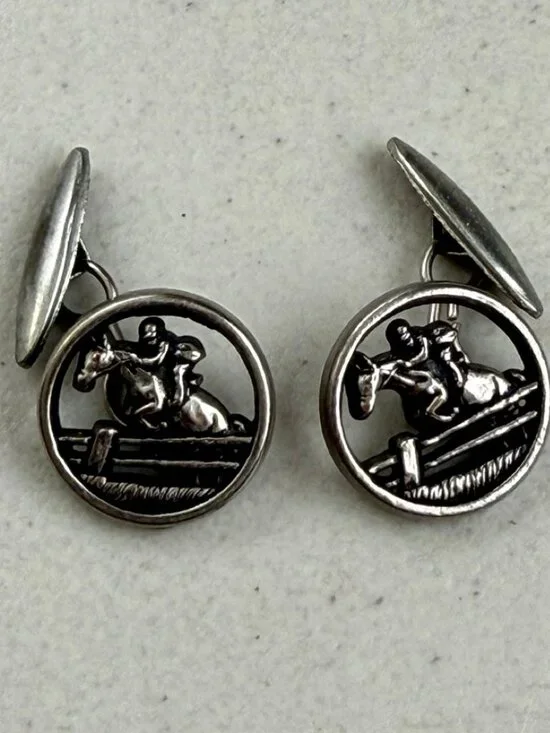Vintage Equestrian Cuff Links 70s Silver Tone Metal Horseback Riding Cufflinks