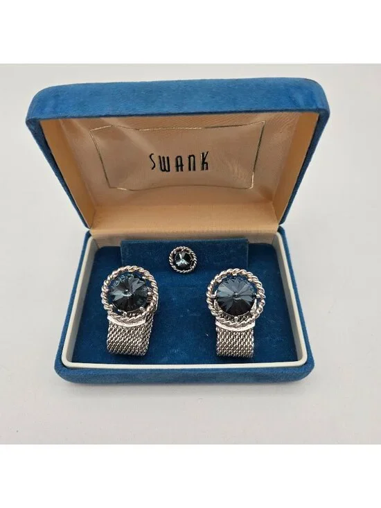 Vintage Swank Silver Tone Blue Rivoli Wrap Around Cufflinks Tie Tack Set Boxed