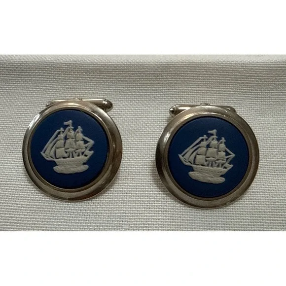 Vintage Wedgwood Cuff Links Blue Jasperware Gold Sterling Sailing Ship
